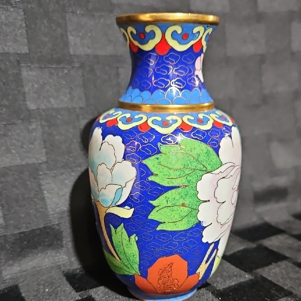 Vtg Chinese Cloisonne Enamel Cobalt Blue Pink Peony Red Bird Floral Vase